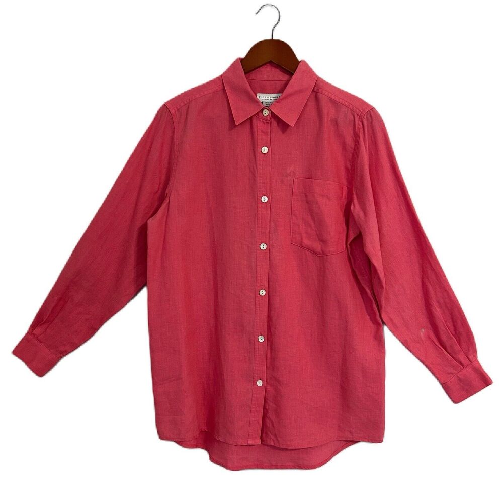 Pure & Simple Button Up Shirt Women Small Coral Linen Tunic Preppy Office Casual